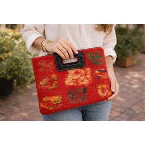 Rising‎ Tide Felted Wool Red Purse Clutch Boho Artisan Handmade 12x10
